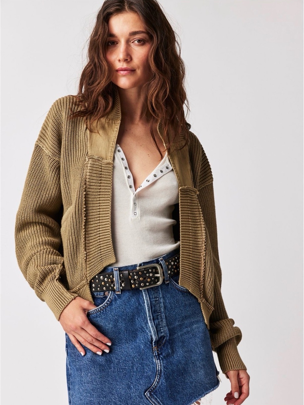 Free People We The Free Worn Thru Surplus Cardi XS Camel Cotton Cardigan